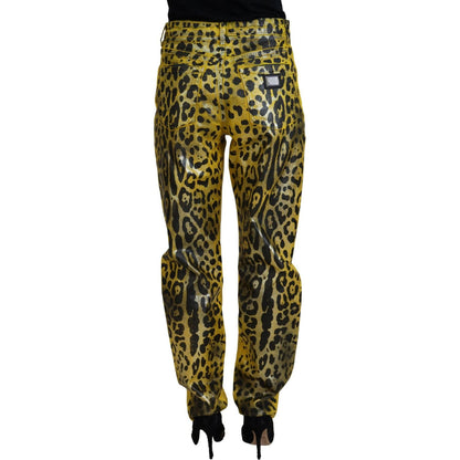 Dolce & Gabbana Yellow Leopard Cotton Straight Denim Jeans