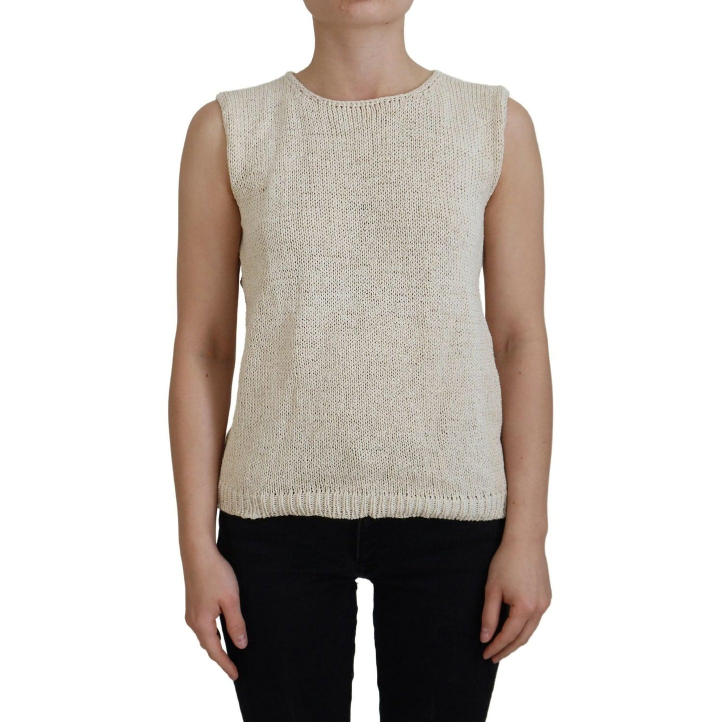 PINK MEMORIES Beige Cotton Blend Sleeveless Round Neck Tank Top TSH83836-One Size