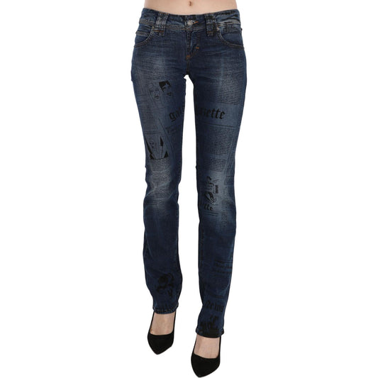 John Galliano Blue Newspaper Print Low Waist Skinny Denim Pants