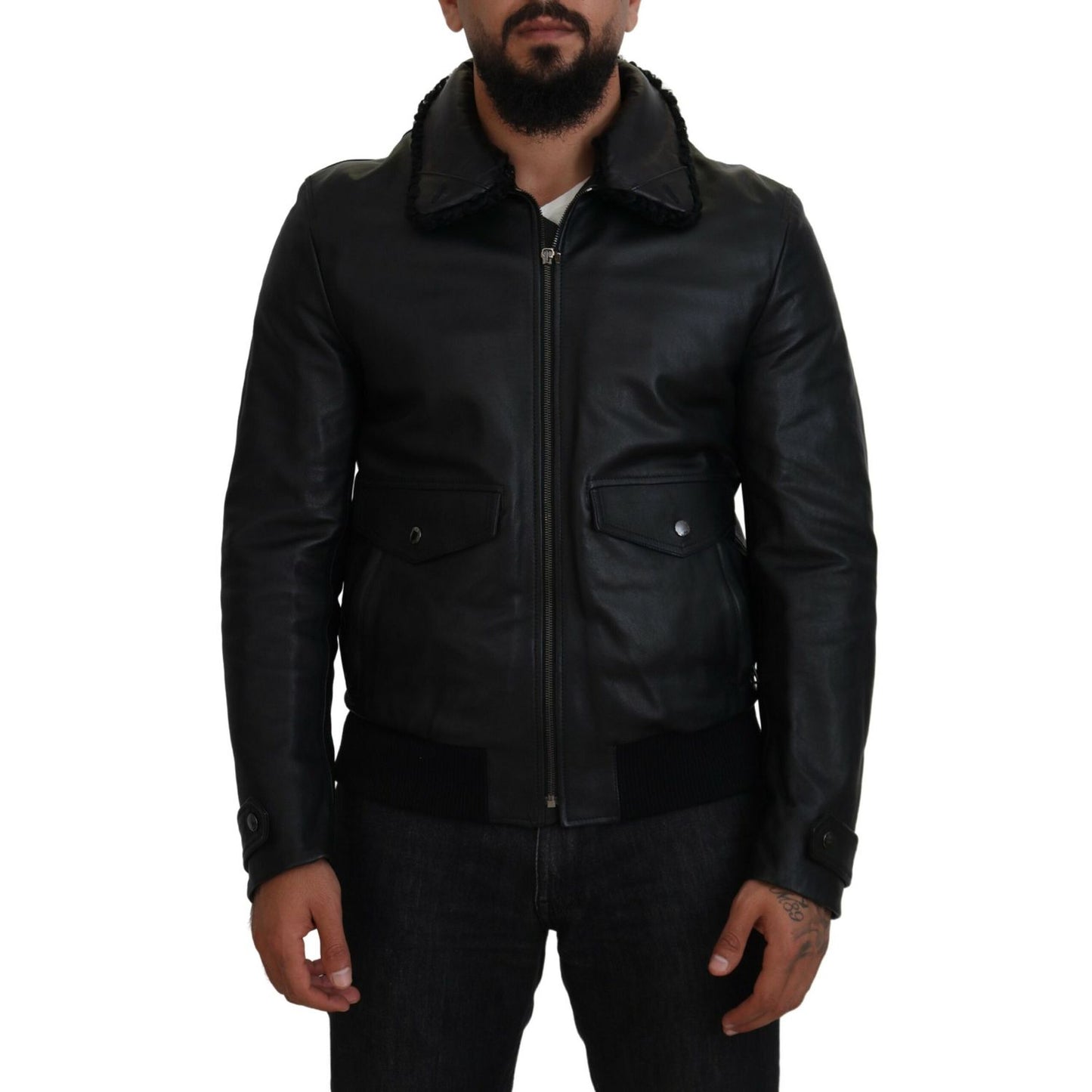 Dolce & Gabbana Black Lamb Leather Collared Men Coat Jacket