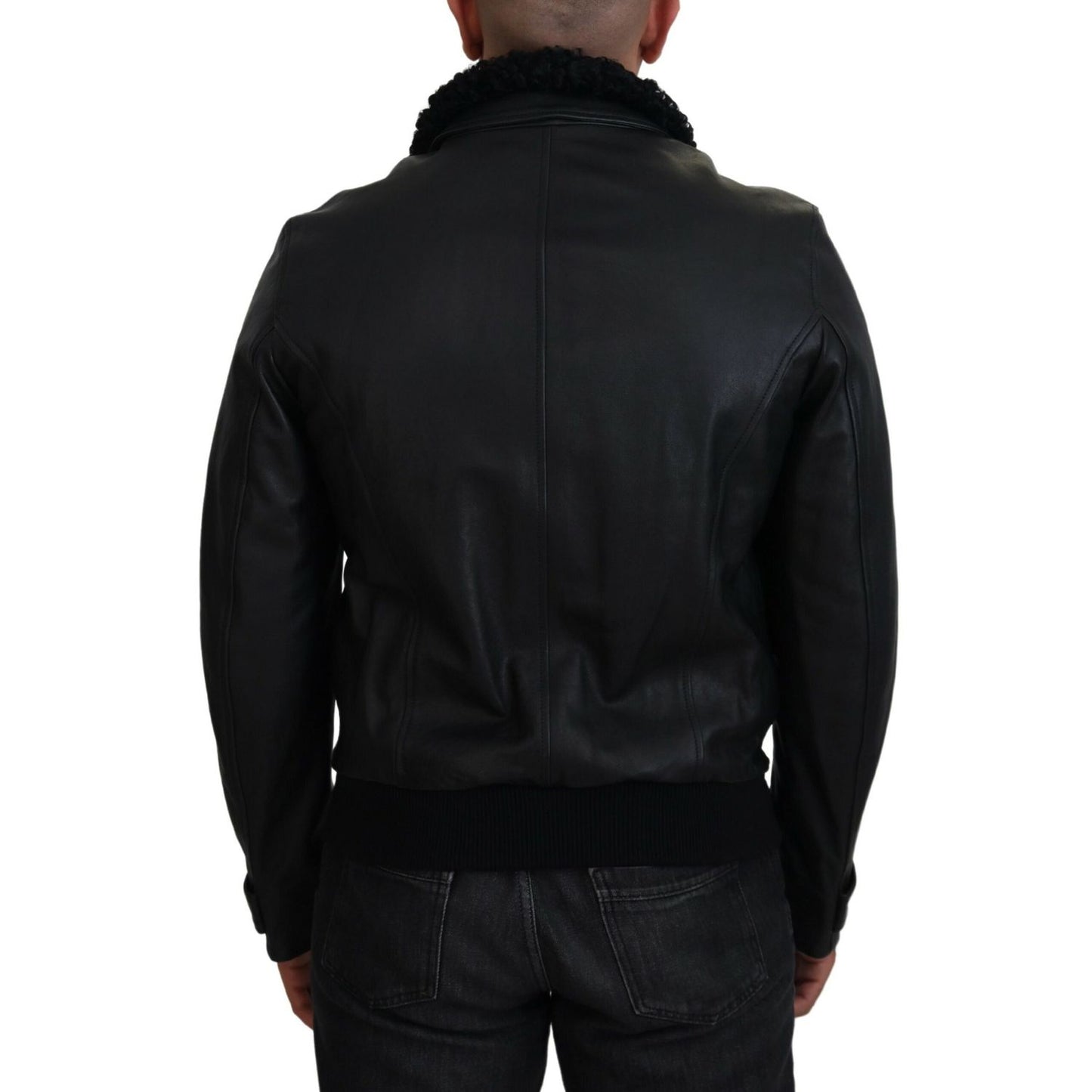 Dolce & Gabbana Black Lamb Leather Collared Men Coat Jacket