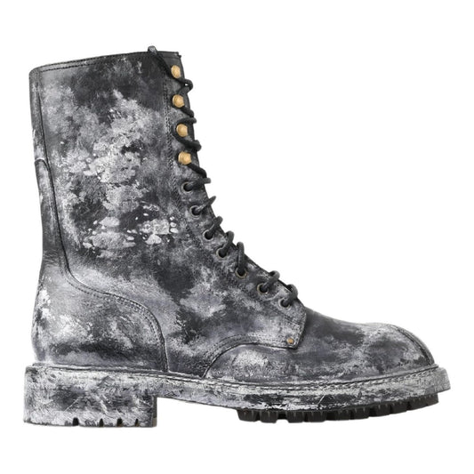 Dolce & Gabbana Black Gray Leather Mid Calf Boots Shoes 1728,67345645728,85% Calf,Black,Boots - Men - Shoes,Boots - Shoes,Dolce & Gabbana,EU39.5/US6.5,EU40/US7,EU43/US10,Lace-Up Boots - Boots - Shoes,Material: 15% Lambskin,Men,Men - Shoes,New with tags,Sh