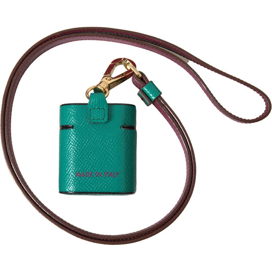 Dolce & Gabbana Green Maroon Calf Leather Logo Print Strap Airpods Case