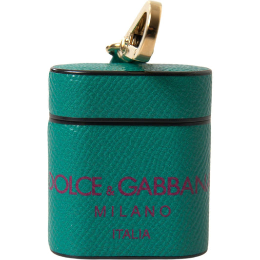 Dolce & Gabbana Green Maroon Calf Leather Logo Print Strap Airpods Case