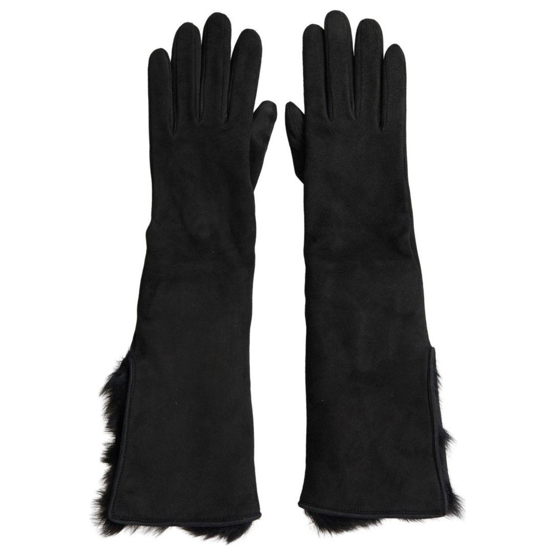 Dolce & Gabbana Black Leather Fur Elbow Length Gloves 1728,40% Lambskin Leather,67345645728,7|S,Accessories,Black,Dolce & Gabbana,Gloves - Accessories,Gloves - Men - Accessories,Material: 60% Goatskin Leather,Men,Men - Accessories,New with tags