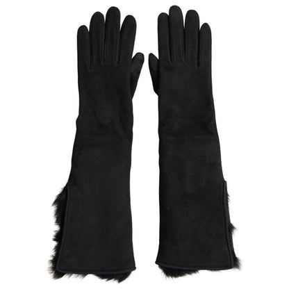 Dolce & Gabbana Black Leather Fur Elbow Length Gloves 1728,40% Lambskin Leather,67345645728,7|S,Accessories,Black,Dolce & Gabbana,Gloves - Accessories,Gloves - Men - Accessories,Material: 60% Goatskin Leather,Men,Men - Accessories,New with tags