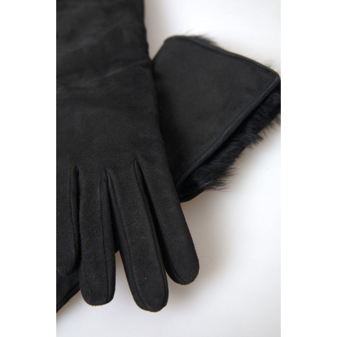Dolce & Gabbana Black Leather Fur Elbow Length Gloves 1728,40% Lambskin Leather,67345645728,7|S,Accessories,Black,Dolce & Gabbana,Gloves - Accessories,Gloves - Men - Accessories,Material: 60% Goatskin Leather,Men,Men - Accessories,New with tags