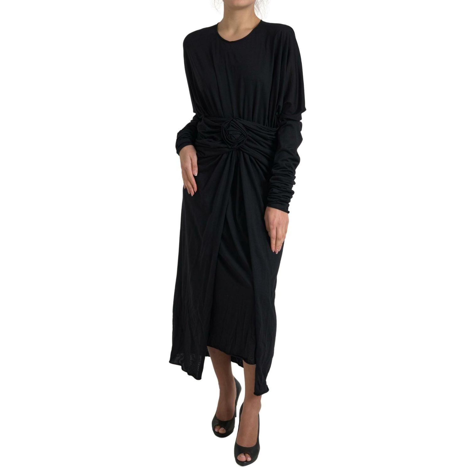 Dolce & Gabbana Black Wool Wrap Sheath Midi Gown Dress