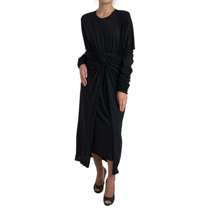Dolce & Gabbana Black Wool Wrap Sheath Midi Gown Dress