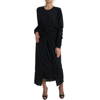 Dolce & Gabbana Black Wool Wrap Sheath Midi Gown Dress