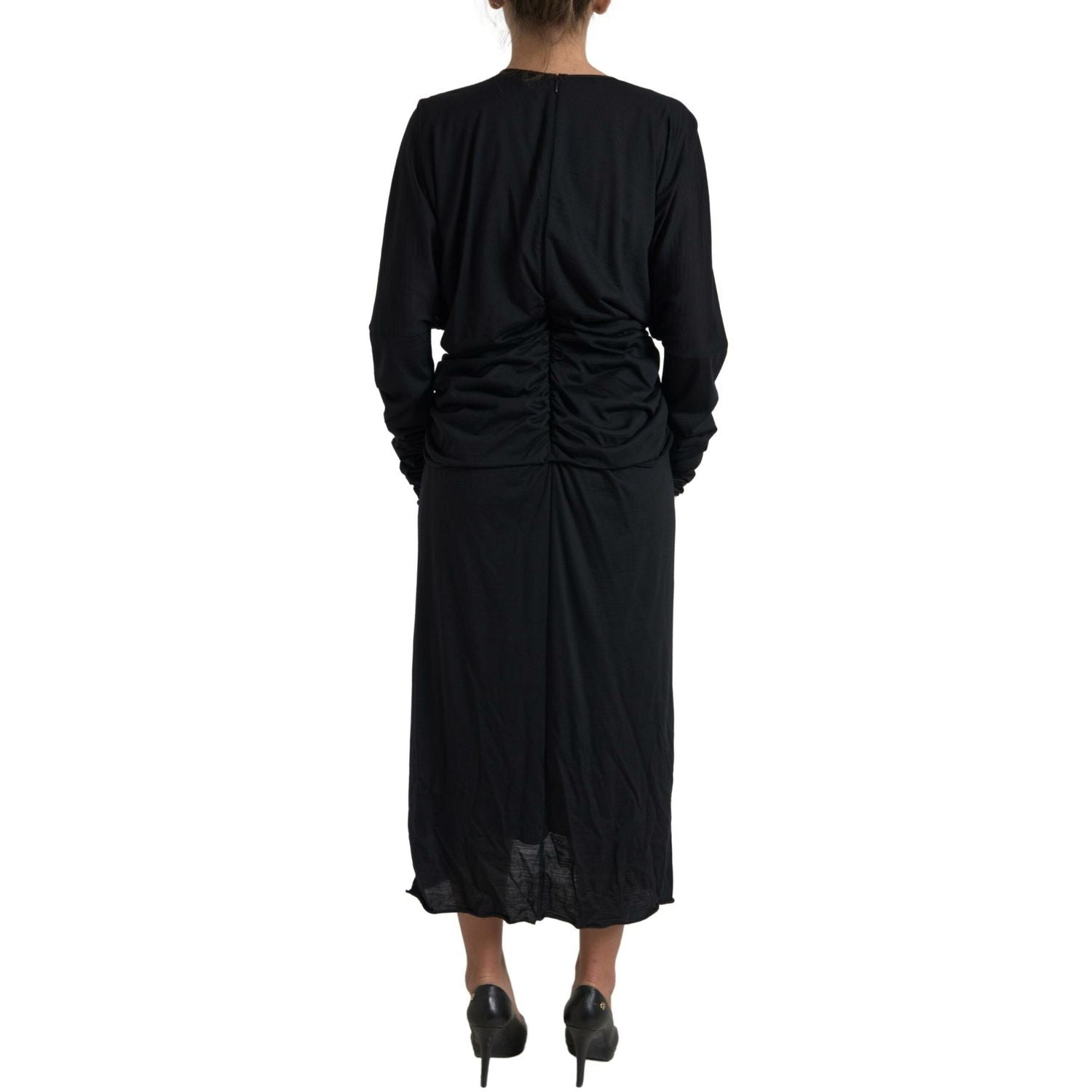 Dolce & Gabbana Black Wool Wrap Sheath Midi Gown Dress