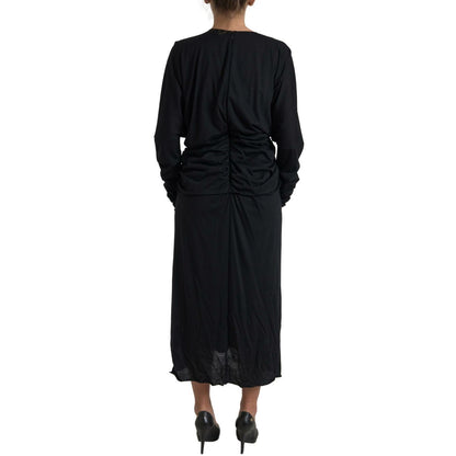 Dolce & Gabbana Black Wool Wrap Sheath Midi Gown Dress
