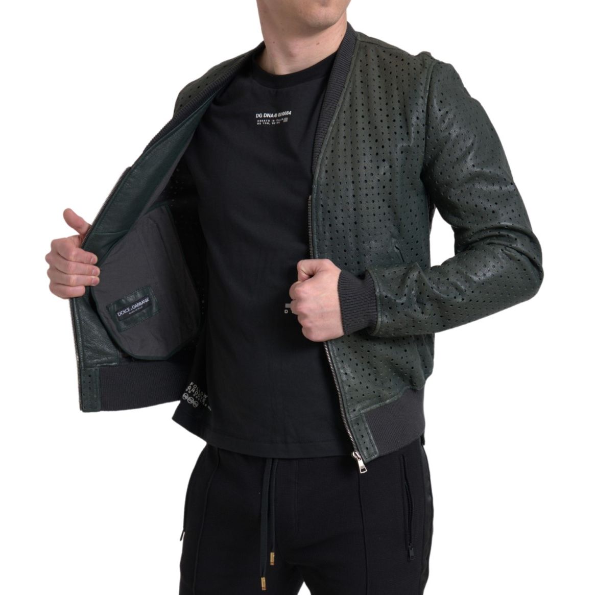 Dolce & Gabbana Green Perforated Leather Bomber Jacket