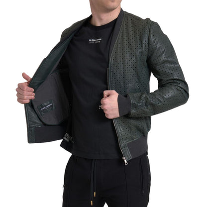 Dolce & Gabbana Green Perforated Leather Bomber Jacket