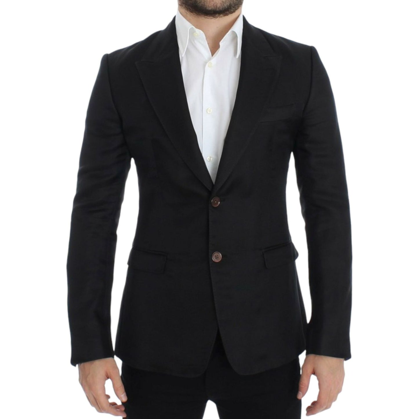 Dolce & Gabbana black silk slim fit blazer displayed on a model, showcasing two-button design and elegant fit.