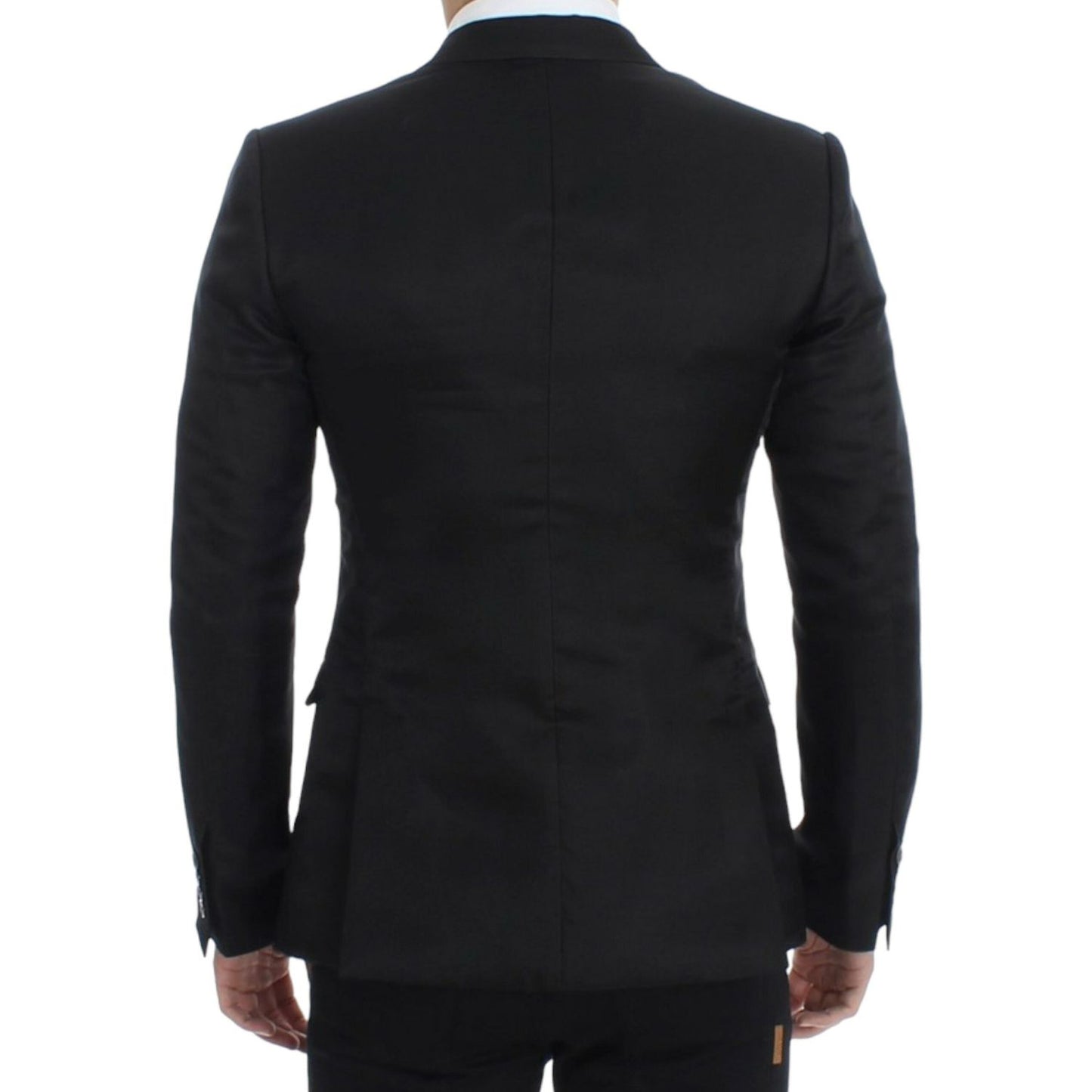 Back view of a Dolce & Gabbana black silk slim fit blazer showcasing its tailored design and elegant finish.