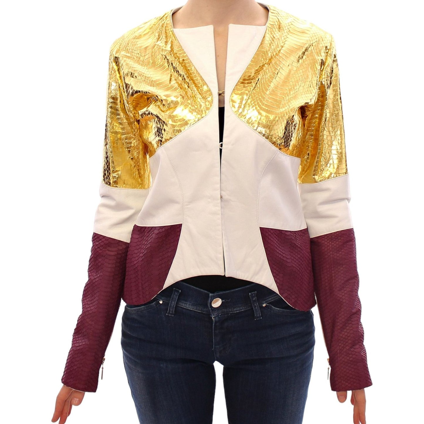 Vladimiro Gioia White Gold Purple Leather Jacket1728,67345645728,Clothing,IT40|S,Jackets & Coats - Clothing,Jackets & Coats - Women - Clothing,Leather Jackets - Jackets & Coats - Clothing,Material: 100% Leather,New with tags,Vladimiro Gioia,White,Women,Wo