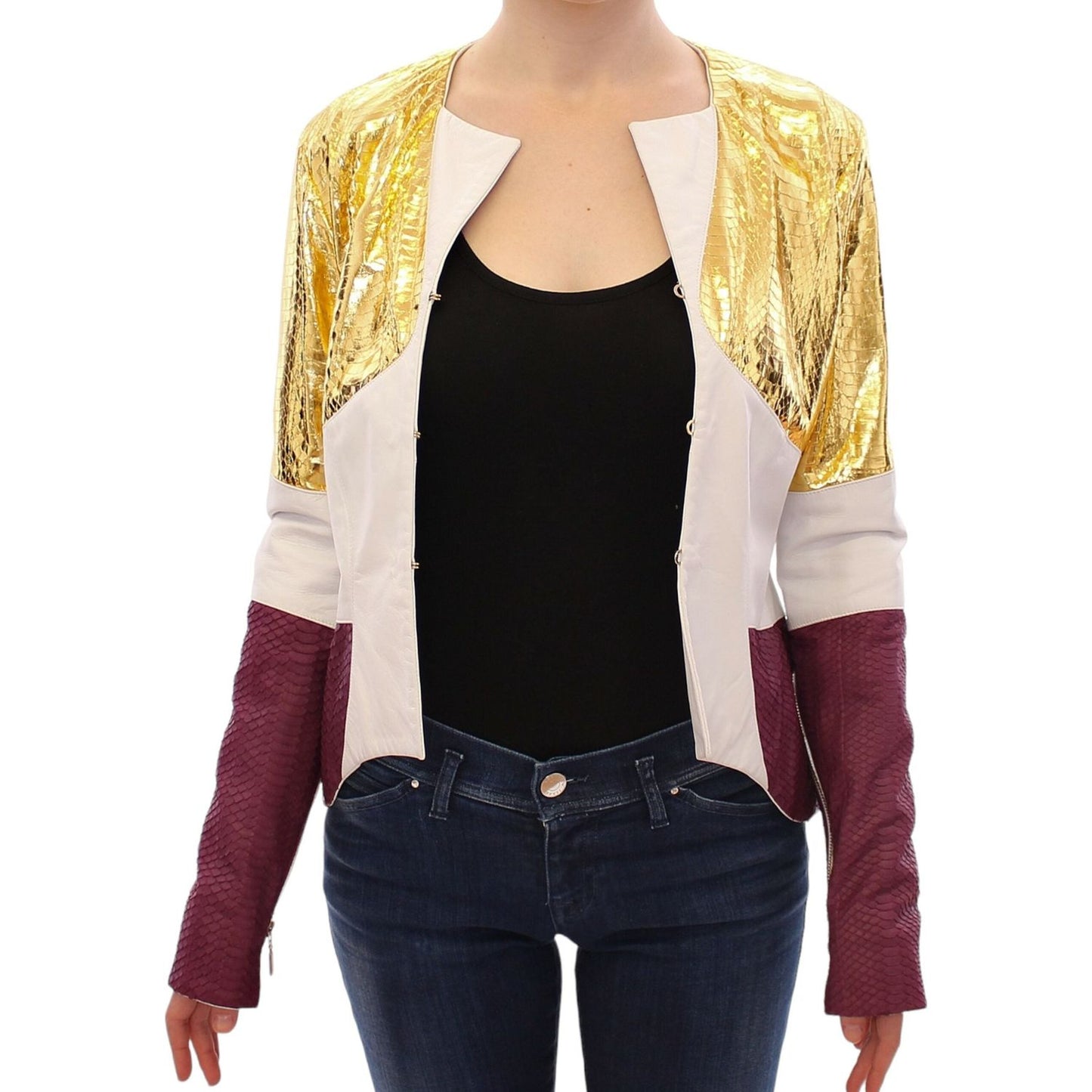 Vladimiro Gioia White Gold Purple Leather Jacket1728,67345645728,Clothing,IT40|S,Jackets & Coats - Clothing,Jackets & Coats - Women - Clothing,Leather Jackets - Jackets & Coats - Clothing,Material: 100% Leather,New with tags,Vladimiro Gioia,White,Women,Wo