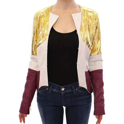 Vladimiro Gioia White Gold Purple Leather Jacket1728,67345645728,Clothing,IT40|S,Jackets & Coats - Clothing,Jackets & Coats - Women - Clothing,Leather Jackets - Jackets & Coats - Clothing,Material: 100% Leather,New with tags,Vladimiro Gioia,White,Women,Wo