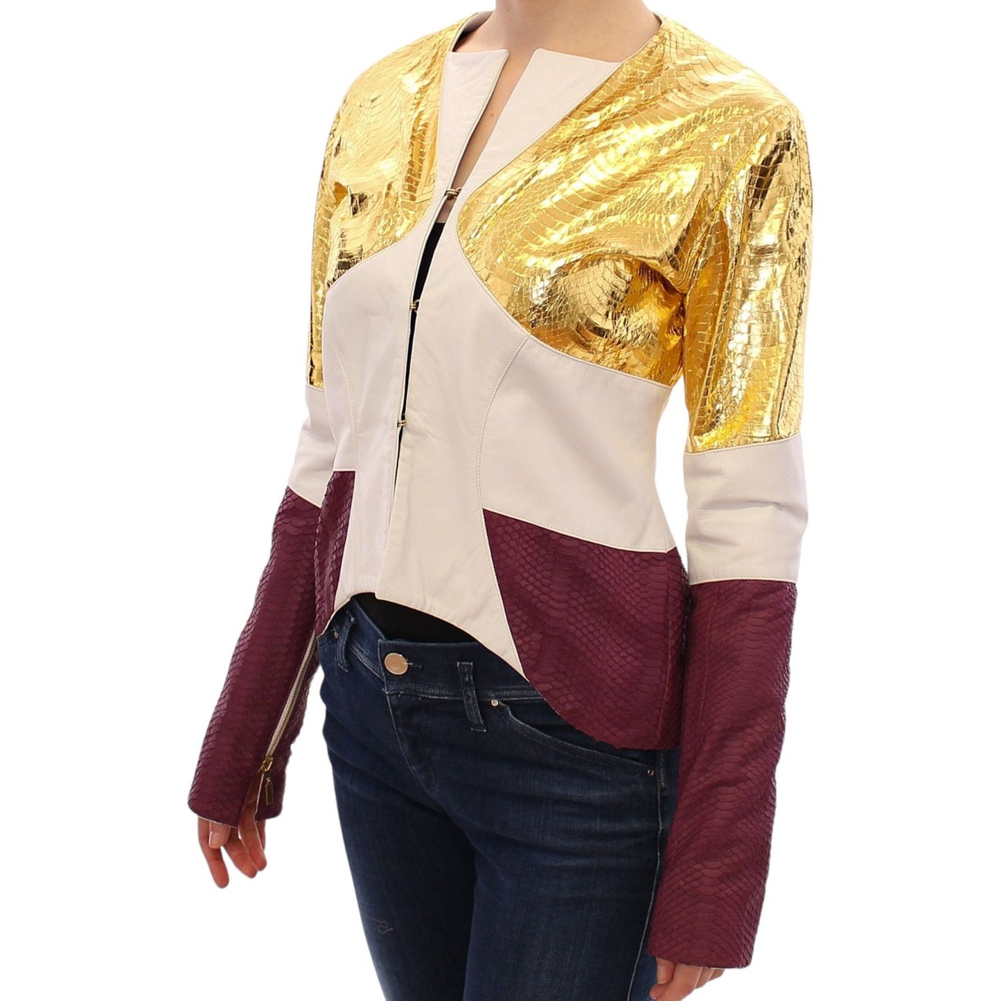 Vladimiro Gioia White Gold Purple Leather Jacket1728,67345645728,Clothing,IT40|S,Jackets & Coats - Clothing,Jackets & Coats - Women - Clothing,Leather Jackets - Jackets & Coats - Clothing,Material: 100% Leather,New with tags,Vladimiro Gioia,White,Women,Wo