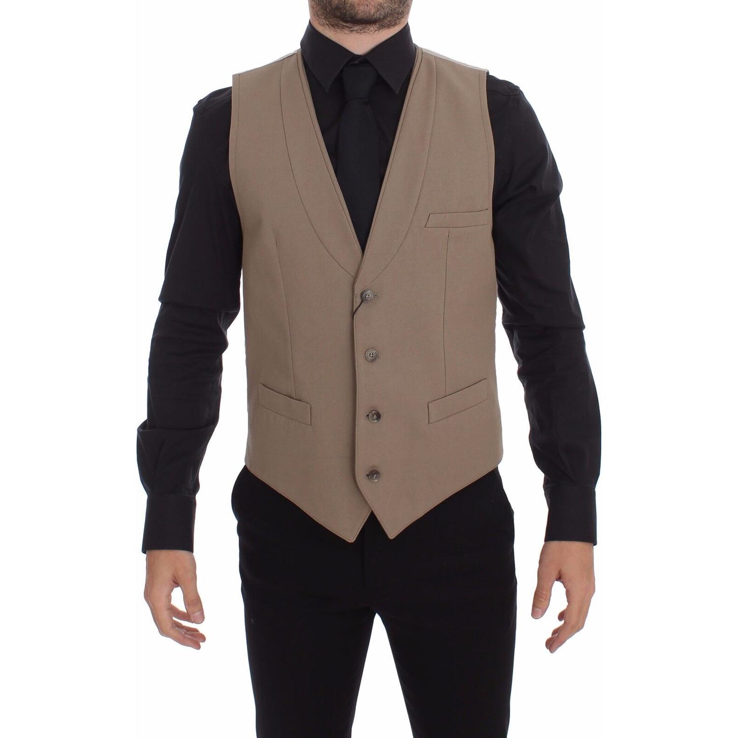 Dolce & Gabbana Beige Cotton Slim Fit Button Front Dress Vest
