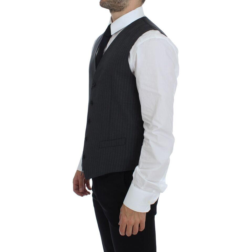 Dolce & Gabbana Black Striped Wool Single Breasted Vest1728,67345645728,Black,Clothing,Dolce & Gabbana,IT48 | M,Material: 100% Wool,Men,Men - Clothing,New with tags,Suits & Blazers - Clothing,Vests - Men - Clothing,Waistcoats - Suits & Blazers - Clothing