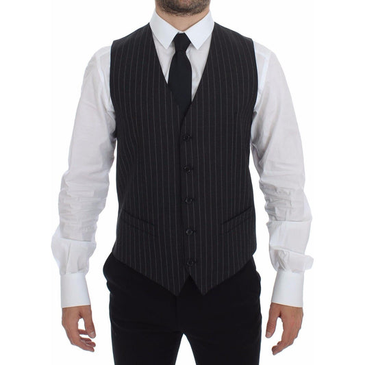 Dolce & Gabbana Gray Striped Wool Logo Vest Gilet Weste