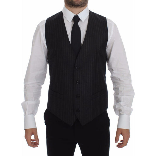 Dolce & Gabbana Gray Striped Wool Logo Vest Gilet Vests