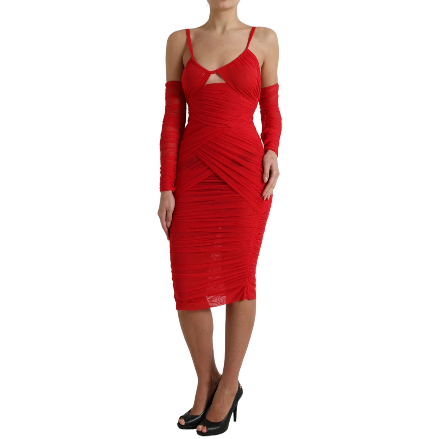 Dolce & Gabbana Red Nylon Stretch Cut Out Midi Dress