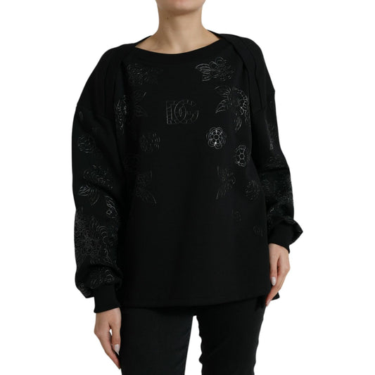 Dolce & Gabbana Black Pullover Floral Logo Applique Sweater