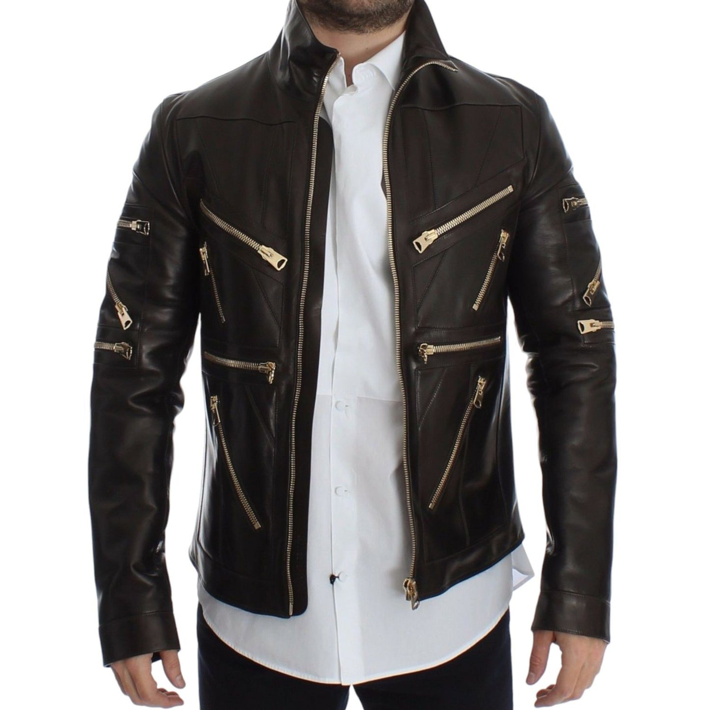 Dolce & Gabbana Brown Lambskin Leather Zipper Jacket