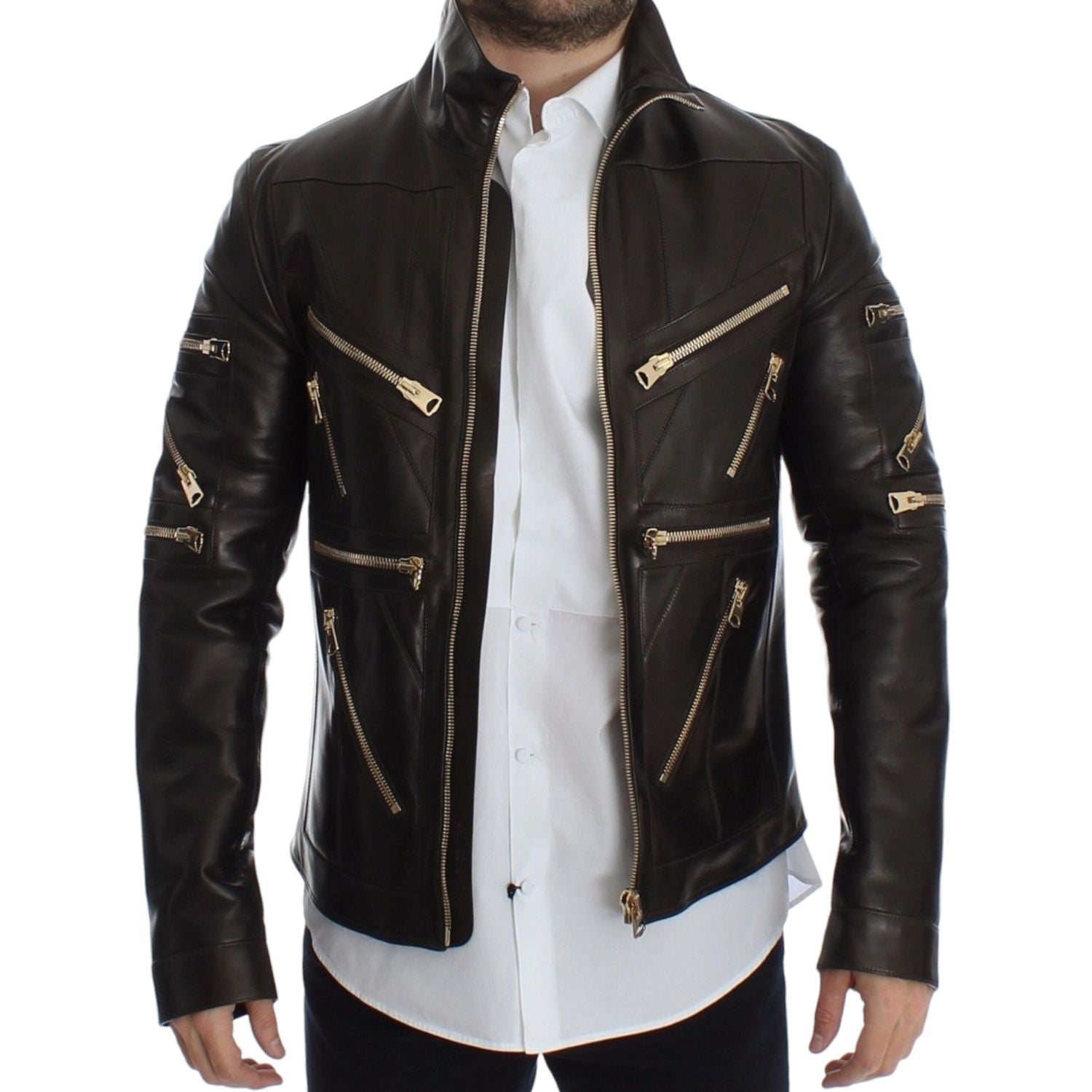 Dolce & Gabbana Brown Lambskin Leather Zipper Jacket