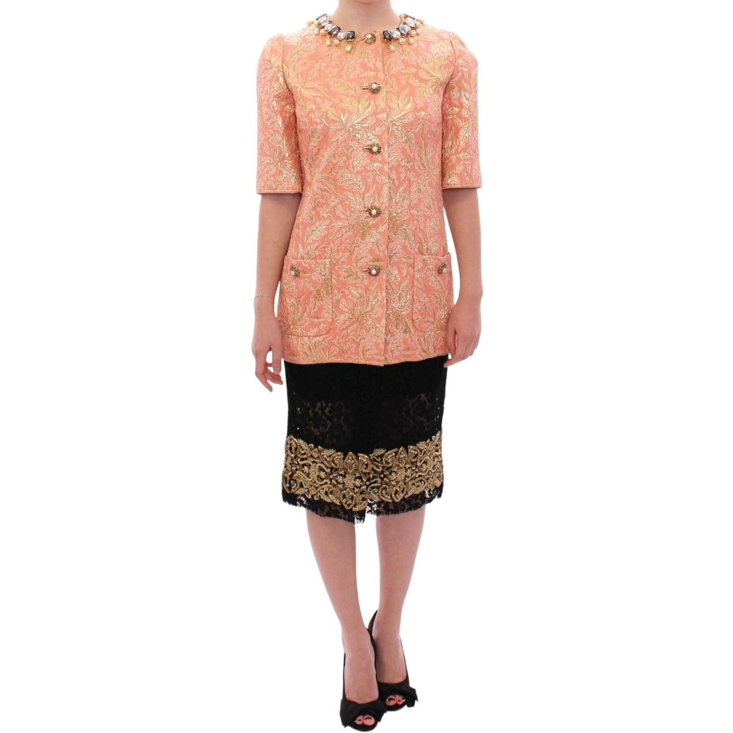 Dolce & Gabbana Pink Silk Brocade Crystal Jacket Coat