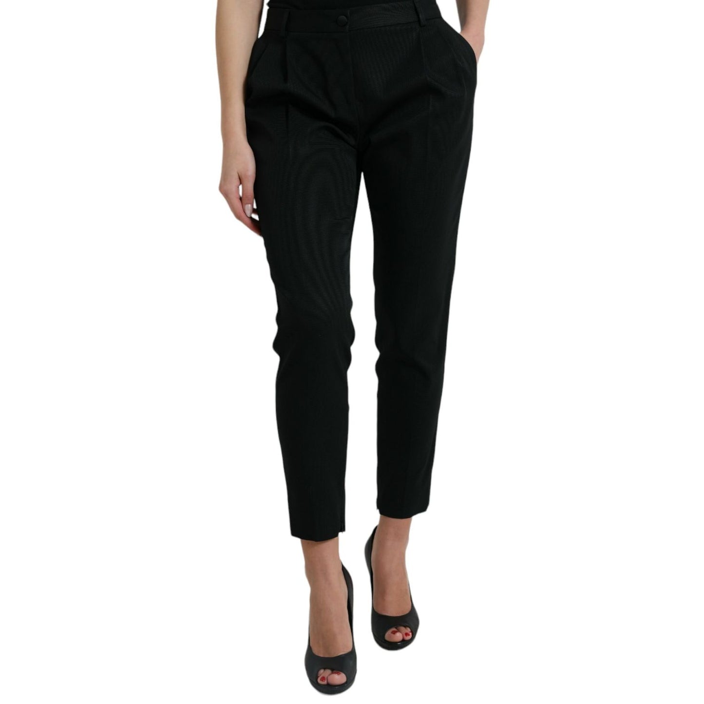 Dolce & Gabbana Black Wool High Waist Cropped Tapered Pants