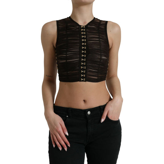 Dolce & Gabbana Brown Embellished Nylon Stretch Cropped Top TSH84290-40