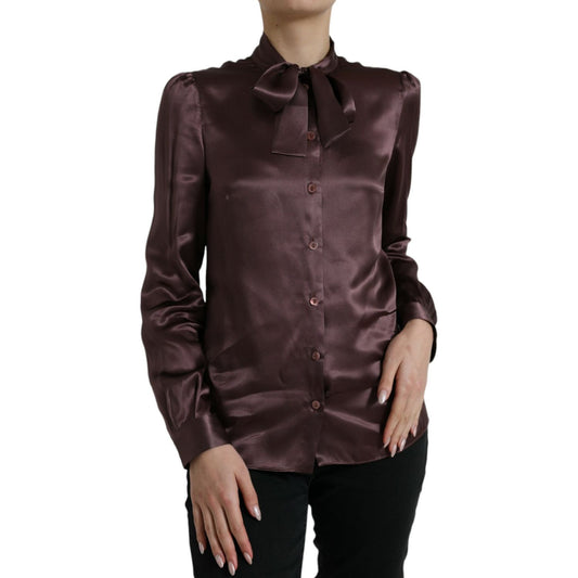 Dolce & Gabbana Brown Silk Ascot Collar Long Sleeve Blouse Top TSH84306-42