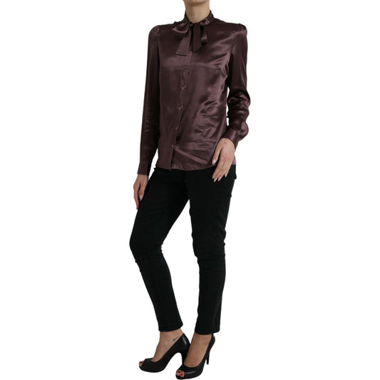 Dolce & Gabbana Brown Silk Ascot Collar Long Sleeve Blouse Top TSH84306-42