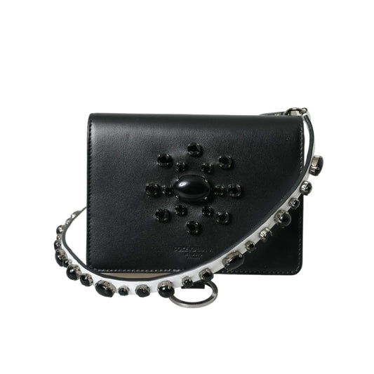 Dolce & Gabbana Black White Leather Crystal Embellished Cardholder Wallet
