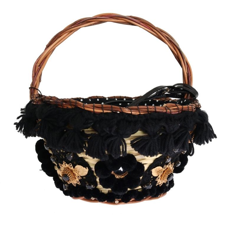 Dolce & Gabbana Beige Straw Snakeskin Pom Pom Crystal AGNESE Bag