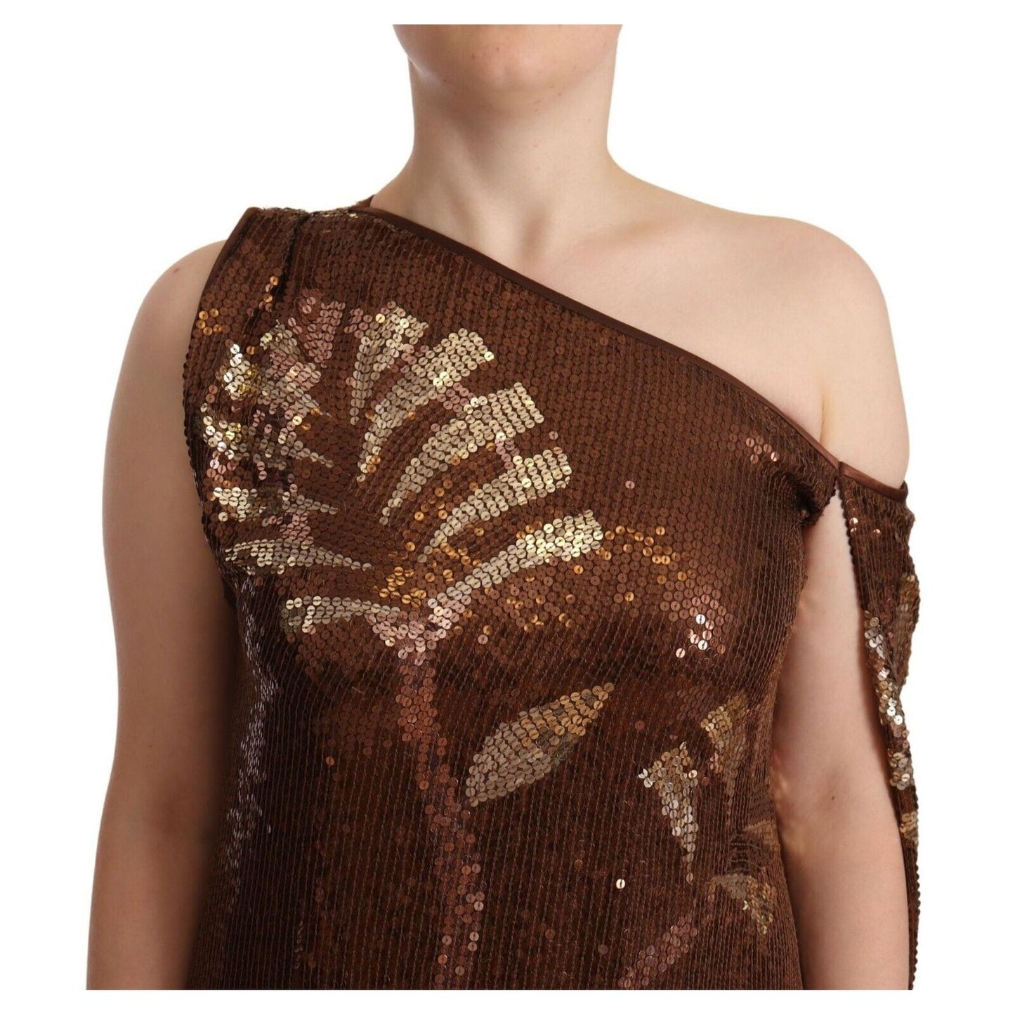 Dsquared² Brown Leaf Sequined Shift One Shoulder Long Dress