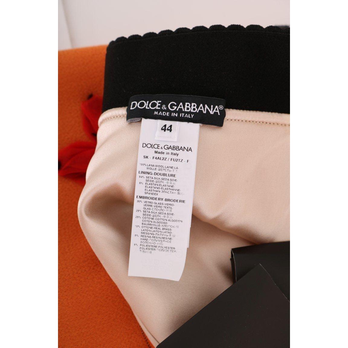 Dolce & Gabbana Orange Wool Crystal Sequin Appliques Skirt