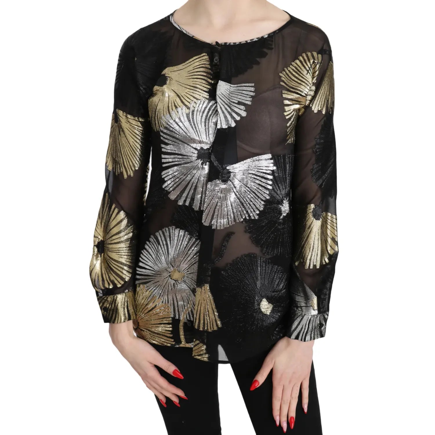Dsquared² Gold Silver Silk Jacquard See Through Top Blouse