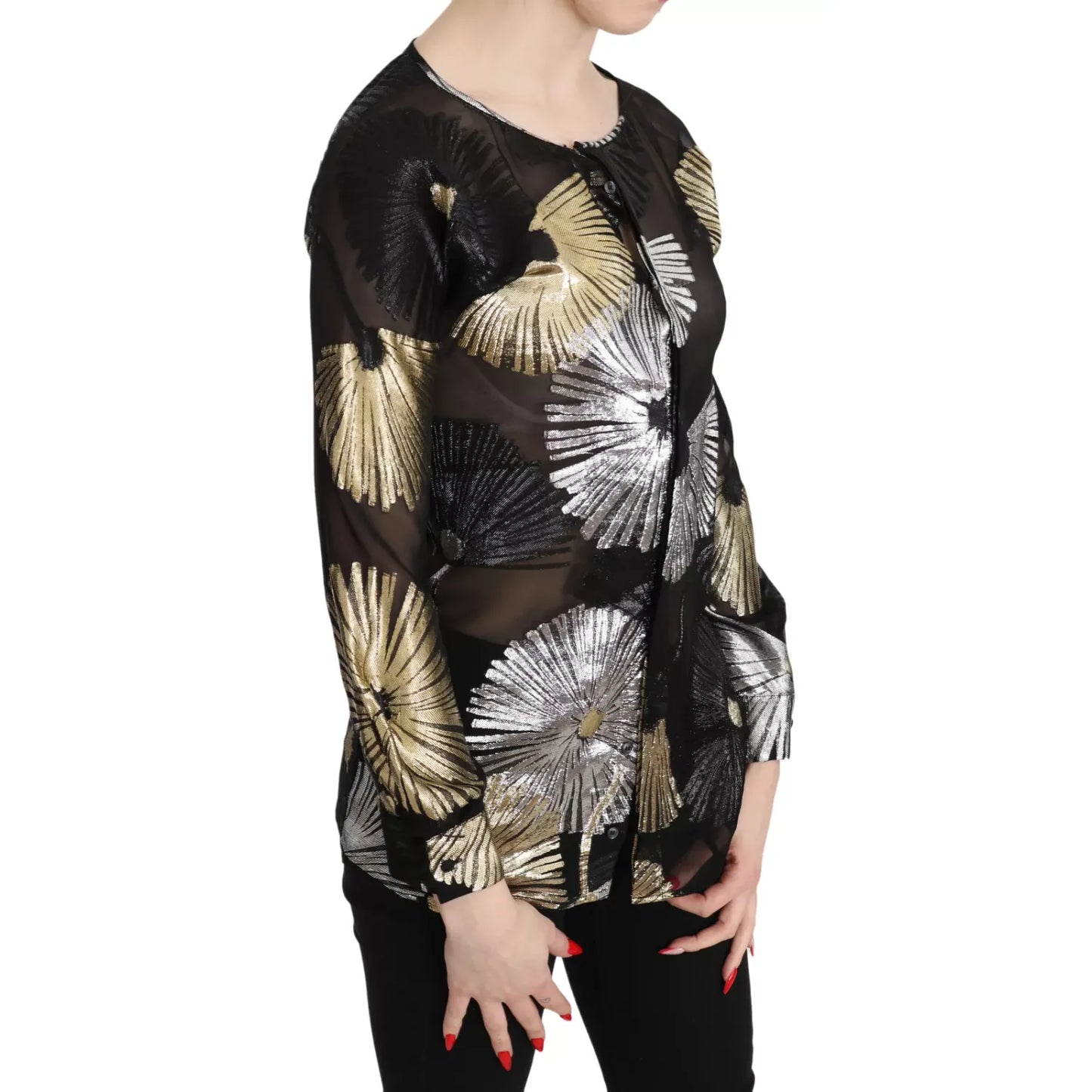 Dsquared² Gold Silver Silk Jacquard See Through Top Blouse