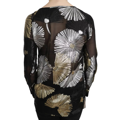 Dsquared² Gold Silver Silk Jacquard See Through Top Blouse