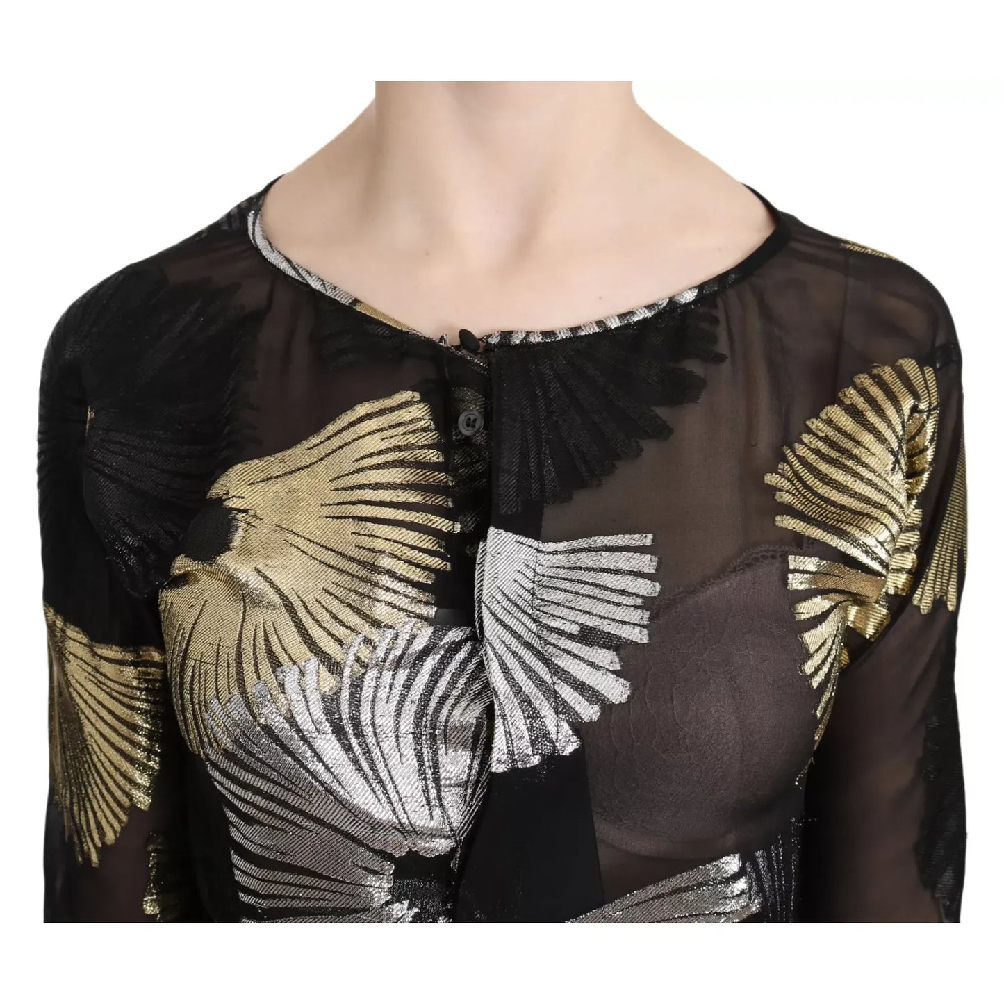 Dsquared² Gold Silver Silk Jacquard See Through Top Blouse
