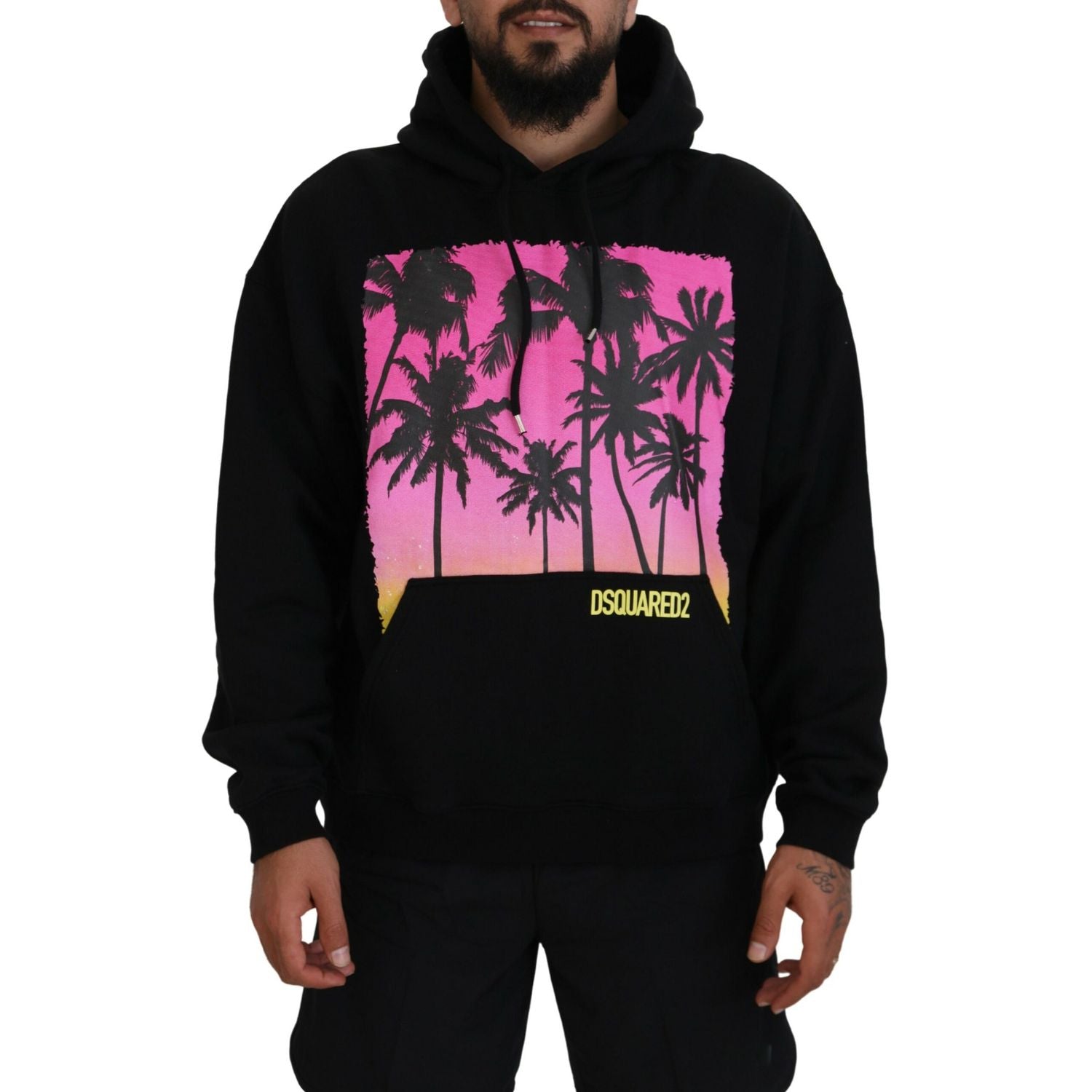 Dsquared² Black Cotton Hooded Printed Men Pullover Sweater