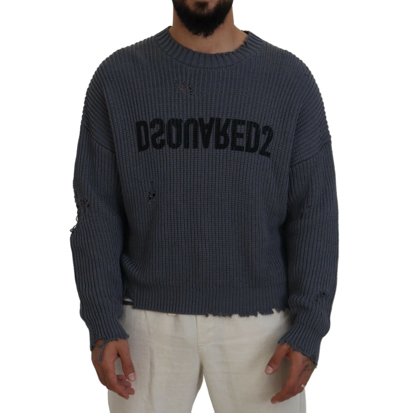 Dsquared² Gray Men Tattered Knitted Pullover Sweater