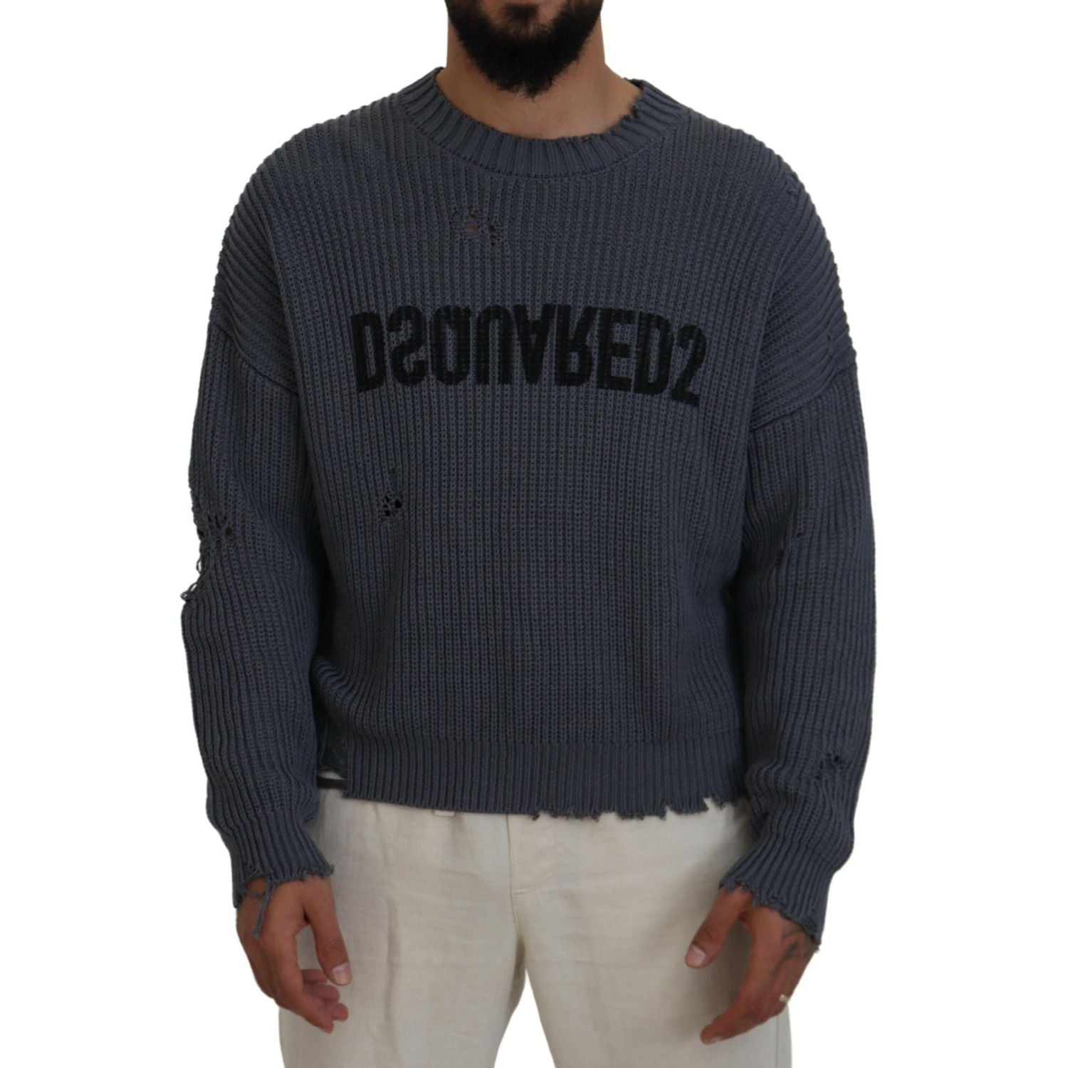 Dsquared² Gray Men Tattered Knitted Pullover Sweater