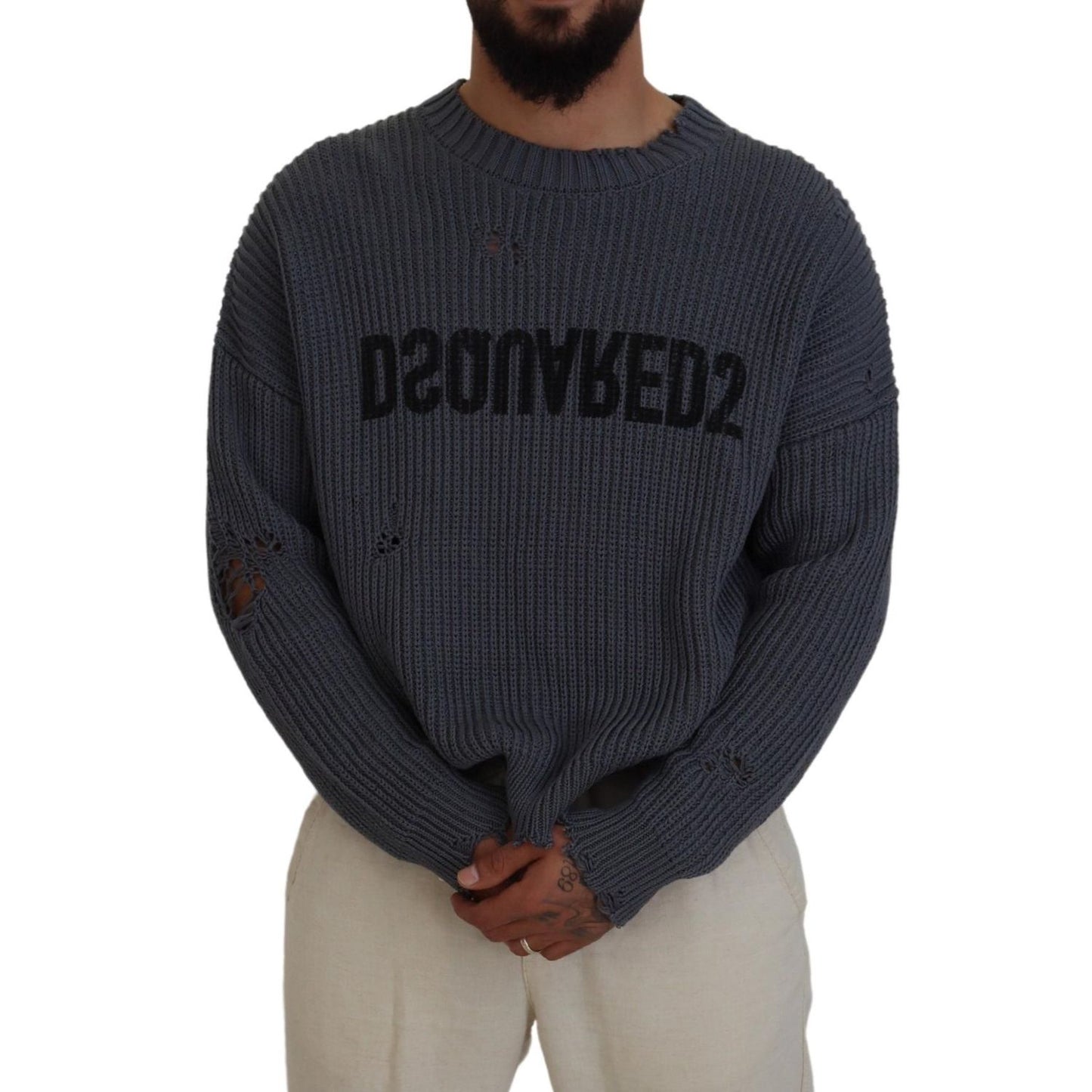Dsquared² Gray Men Tattered Knitted Pullover Sweater