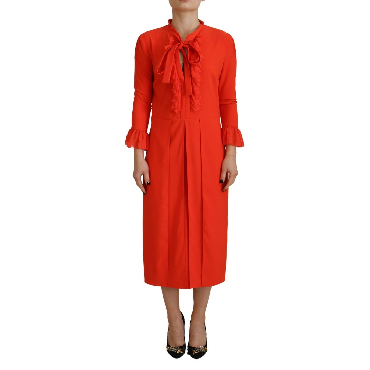 Dsquared² Red Polyester Long Sleeves Pleated Midi Dress
